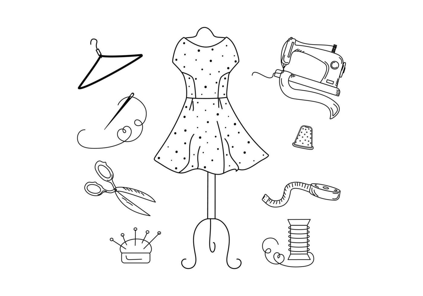 Dress on a hanger, tailors mannequin. Sewing set, tailors tools. Sewing machine. Line icons. Clothes, accessories, illustration, isolated background. vector