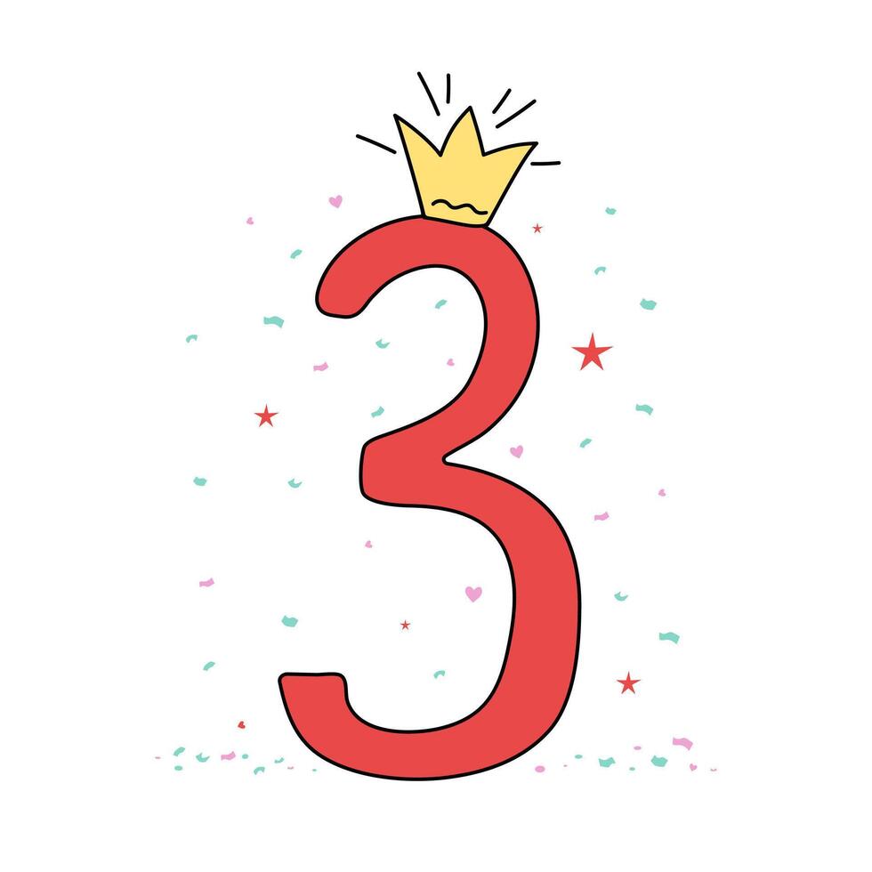 Bright digit, number 3 in crown. Drawing, doodle. Cartoon number. Design of greeting children's card. Holiday, birthday icon, illustration, white isolated background. vector