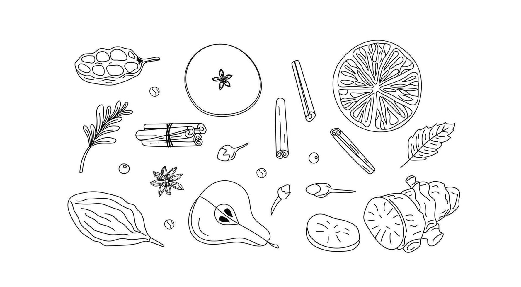 Mulled wine recipe. Ingredients for wine drink, linear icons of spices. Cooking, winemaking. Black and white illustration. vector