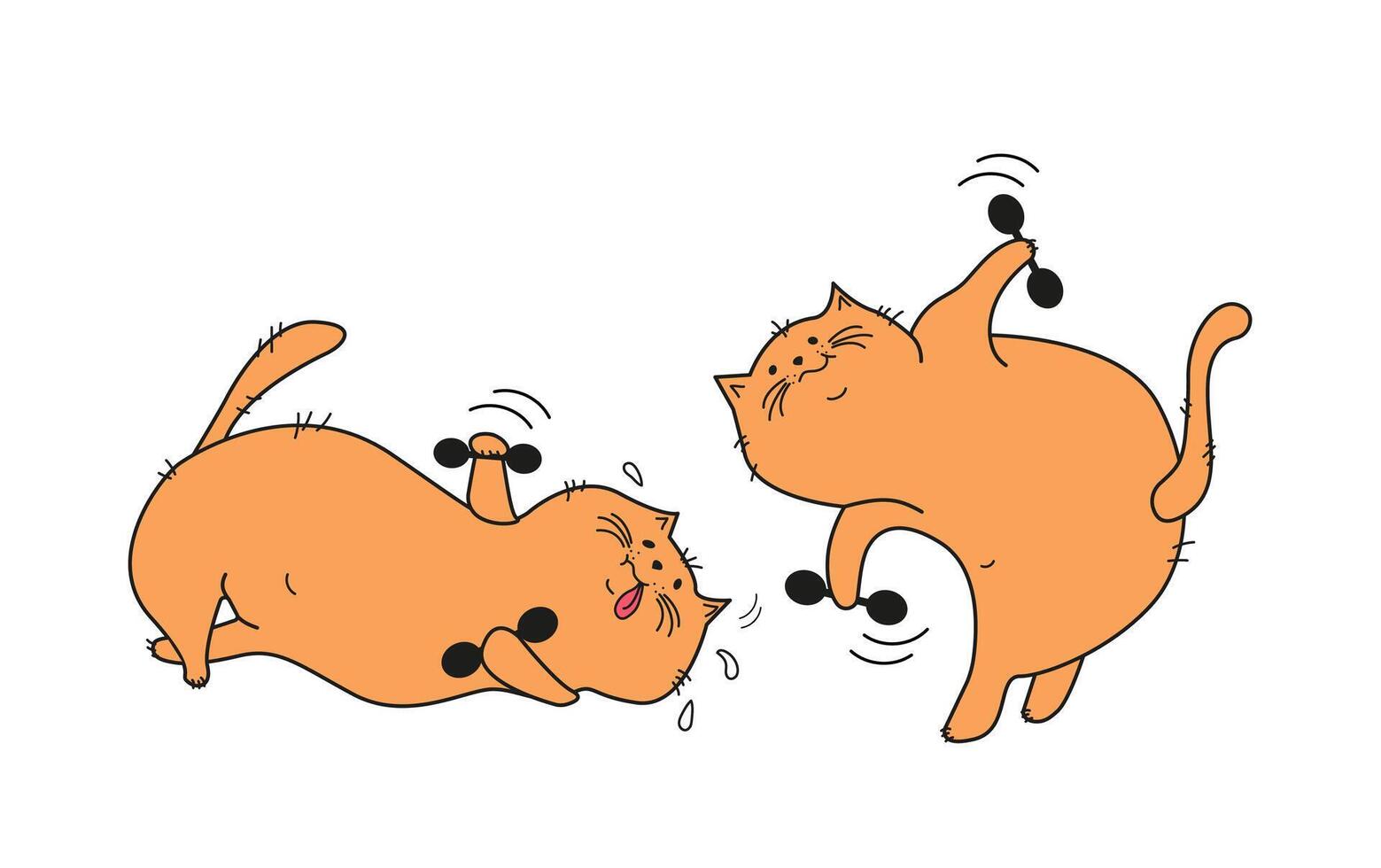 Cats with dumbbells, exercises, fitness, sports. Body positive. Funny funny pet, cartoon kitten. vector