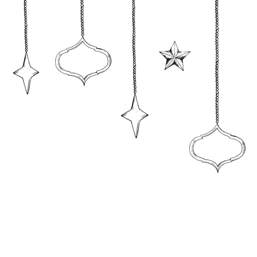 frame with Moroccan arabian mosaic, crescent stars on chains. Graphic illustration isolated on white background. Muslim hand drawn line sketch, holiday Ramadan Kareem or Eid Al Adha 2025. For vector