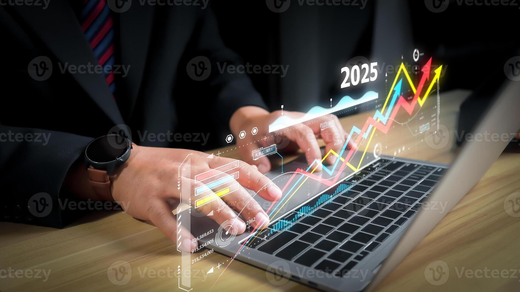 2025, Graph Analyst working with Business, Concept digital transformation technology strategy, Analytics and Data Management System on computer, make a report with KPI connected to database. photo