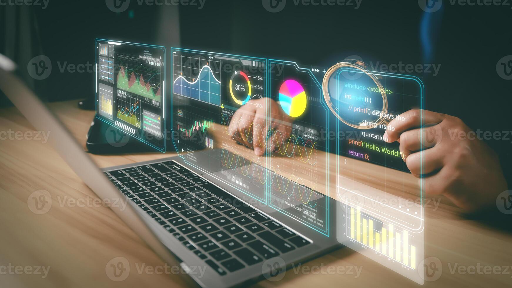 Graph Analyst working with Business, Concept digital transformation technology strategy, Analytics and Data Management System on computer, make a report with KPI and metrics connected to database. photo