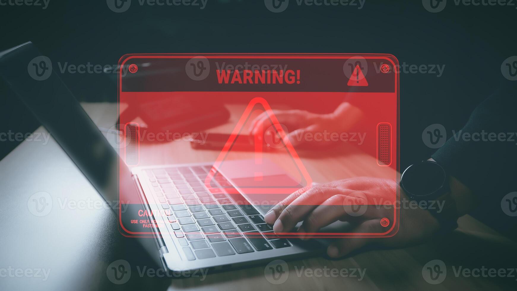 Hacker or programmer using laptop with triangle caution warning sign, coding, cryptography, hacker, crime, virus, for notification error and maintenance concept. Computer with red warning sign. photo