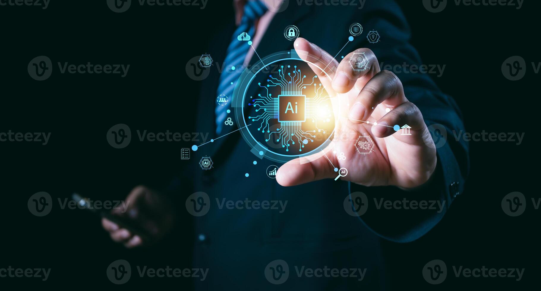 Ai technology, Artificial Intelligence. man using technology smart robot AI, artificial intelligence by enter command prompt for generates something, Futuristic technology transformation. Chat with Ai photo