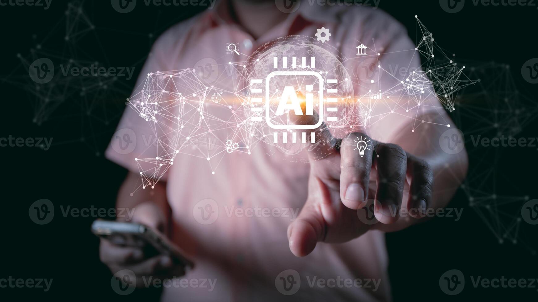 Ai technology, Artificial Intelligence. man using technology smart robot AI, artificial intelligence by enter command prompt for generates something, Futuristic technology transformation. Chat with Ai photo