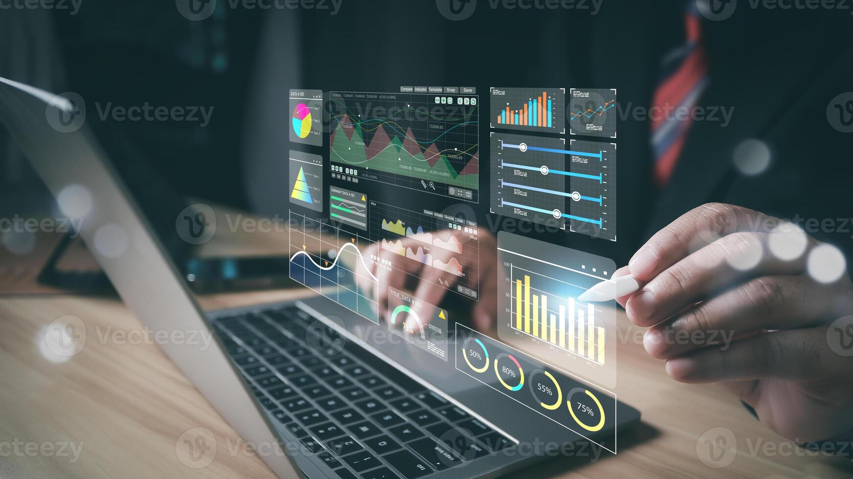 2025, Graph Analyst working with Business, Concept digital transformation technology strategy, Analytics and Data Management System on computer, make a report with KPI connected to database. photo