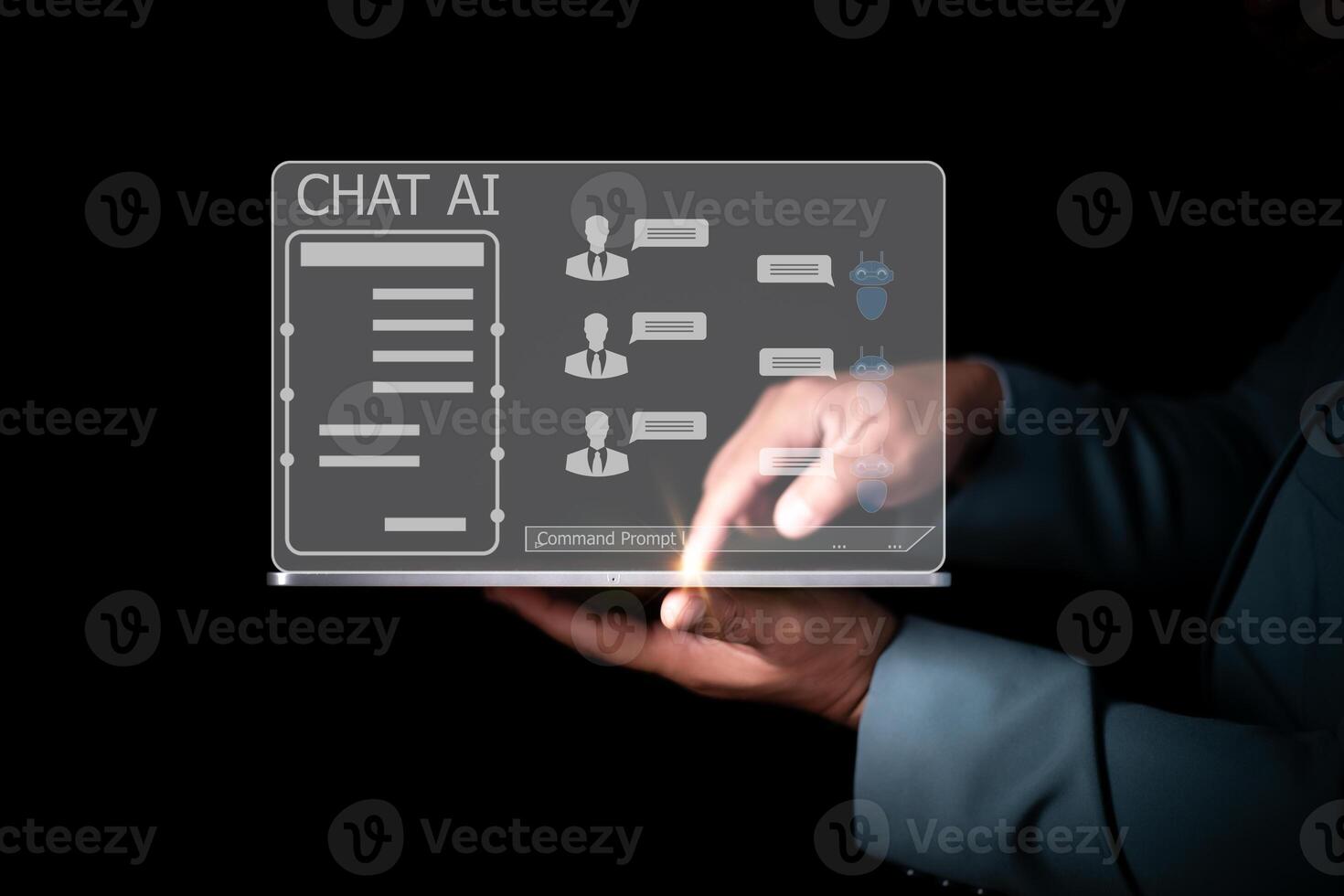 Ai technology, Artificial Intelligence. man using technology smart robot AI, artificial intelligence by enter command prompt for generates something, Futuristic technology transformation. Chat with Ai photo