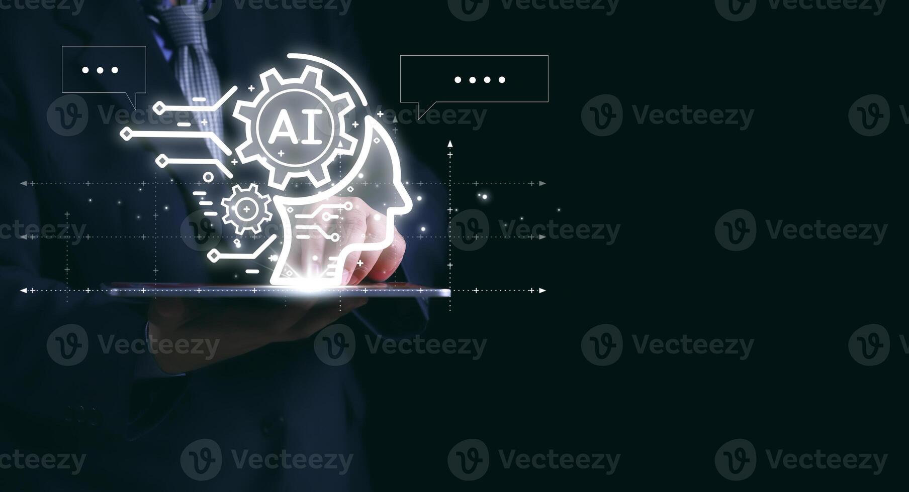 Ai technology, Artificial Intelligence. man using technology smart robot AI, artificial intelligence by enter command prompt for generates something, Futuristic technology transformation. Chat with Ai photo