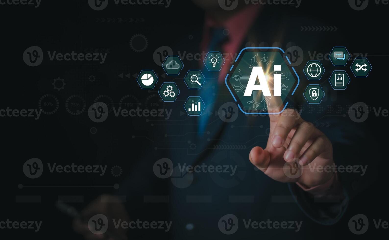 Ai technology, Artificial Intelligence. man using technology smart robot AI, artificial intelligence by enter command prompt for generates something, Futuristic technology transformation. Chat with Ai photo