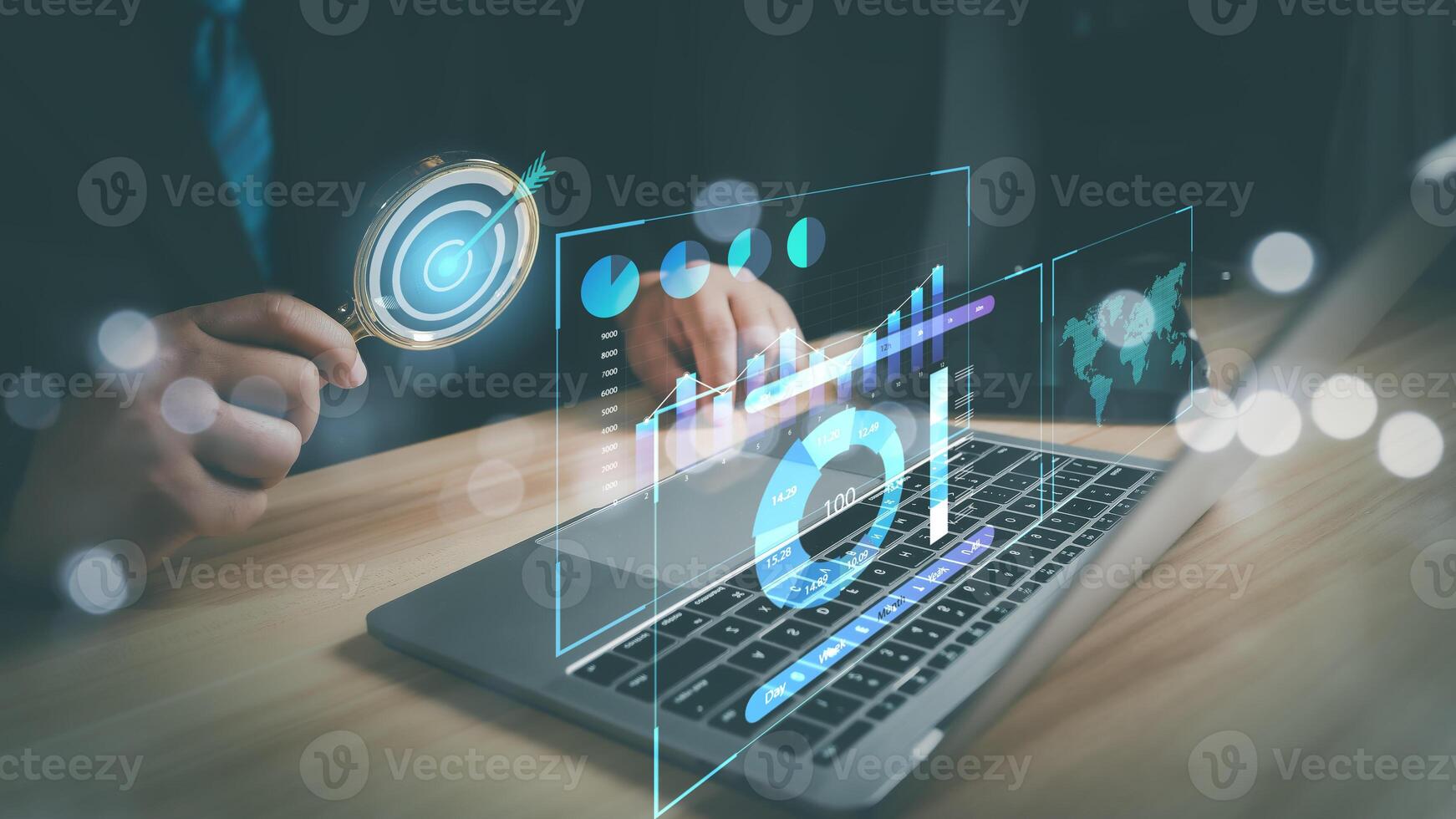 Businessman use magnifier glass find stock in stock markets, uptrends, growth economics, business strategy development, and opportunities for investment, take profit from funds, Financial Analyst. photo