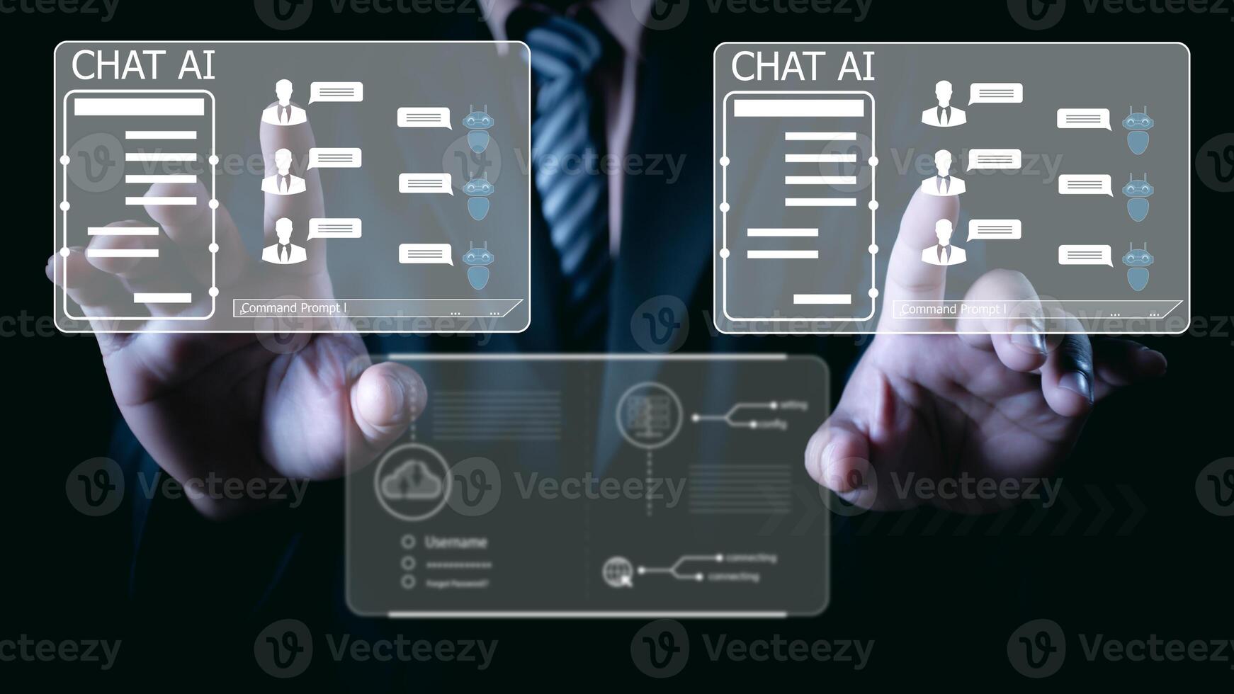 Ai technology, Artificial Intelligence. man using technology smart robot AI, artificial intelligence by enter command prompt for generates something, Futuristic technology transformation. Chat with Ai photo