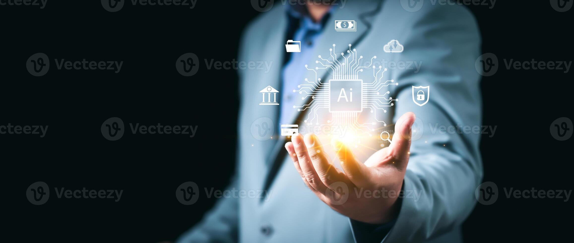 Ai technology, Artificial Intelligence. man using technology smart robot AI, artificial intelligence by enter command prompt for generates something, Futuristic technology transformation. Chat with Ai photo