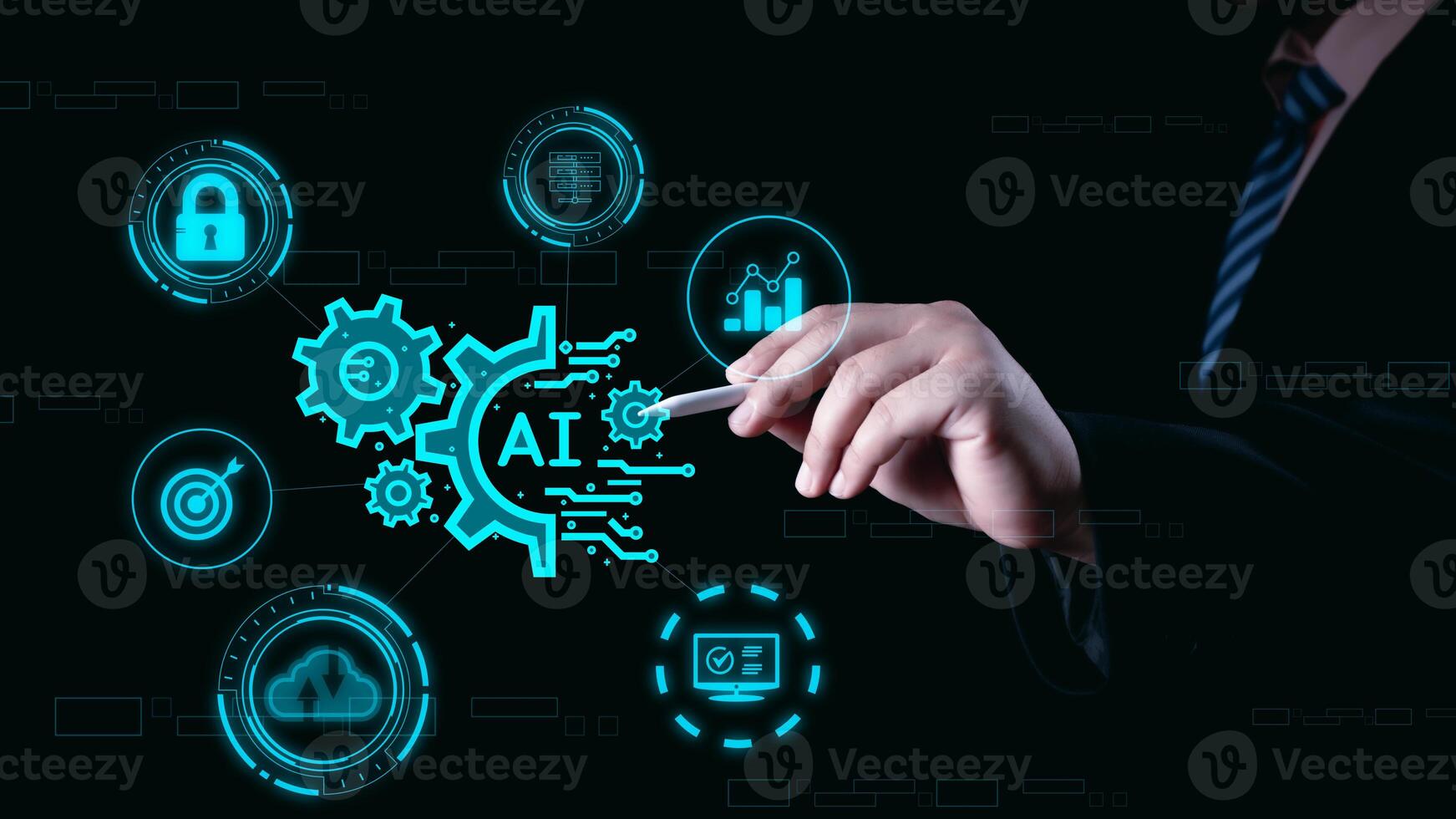 Ai technology, Artificial Intelligence. man using technology smart robot AI, artificial intelligence by enter command prompt for generates something, Futuristic technology transformation. Chat with Ai photo