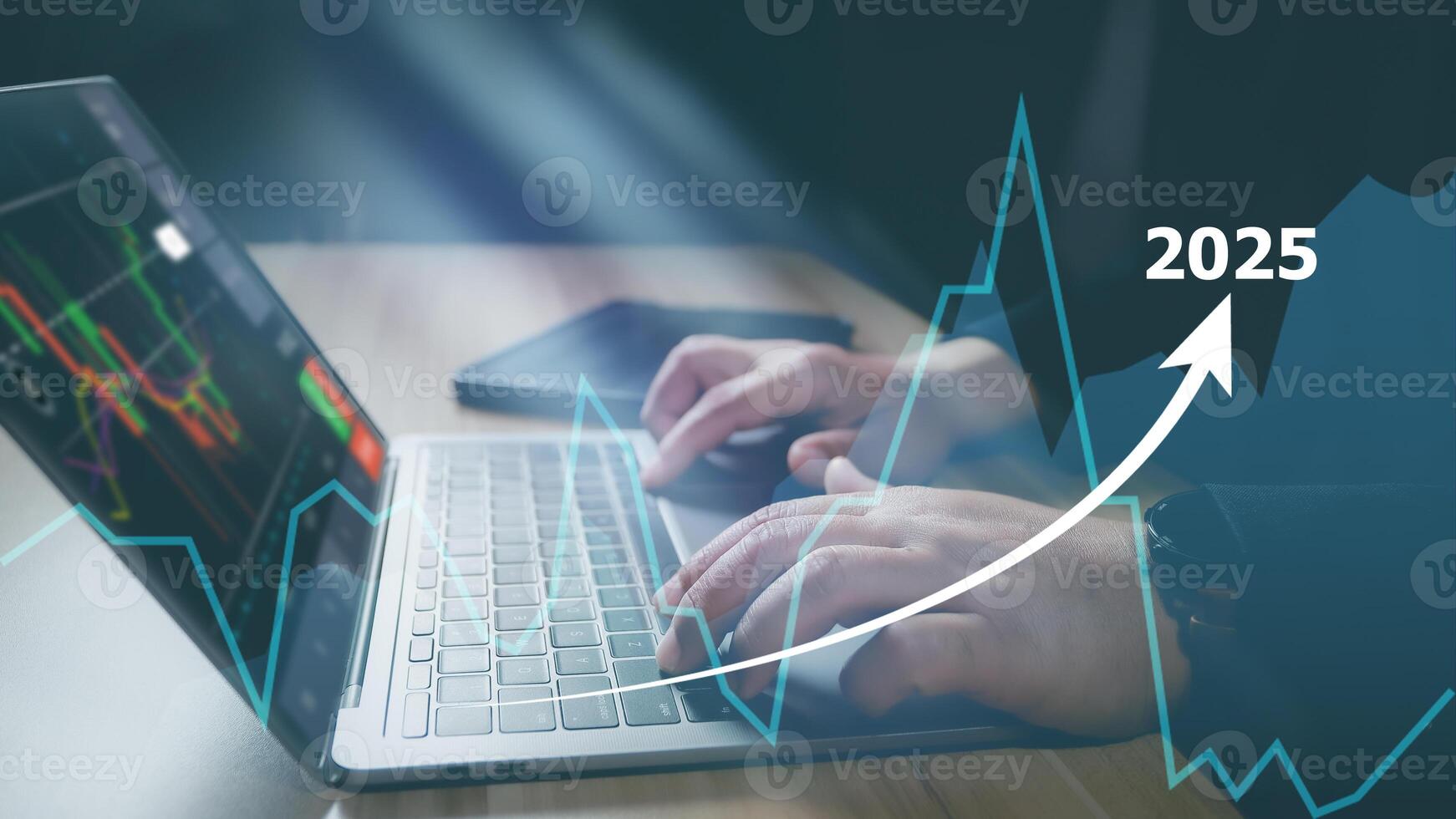 2025, Graph Analyst working with Business, Concept digital transformation technology strategy, Analytics and Data Management System on computer, make a report with KPI connected to database. photo