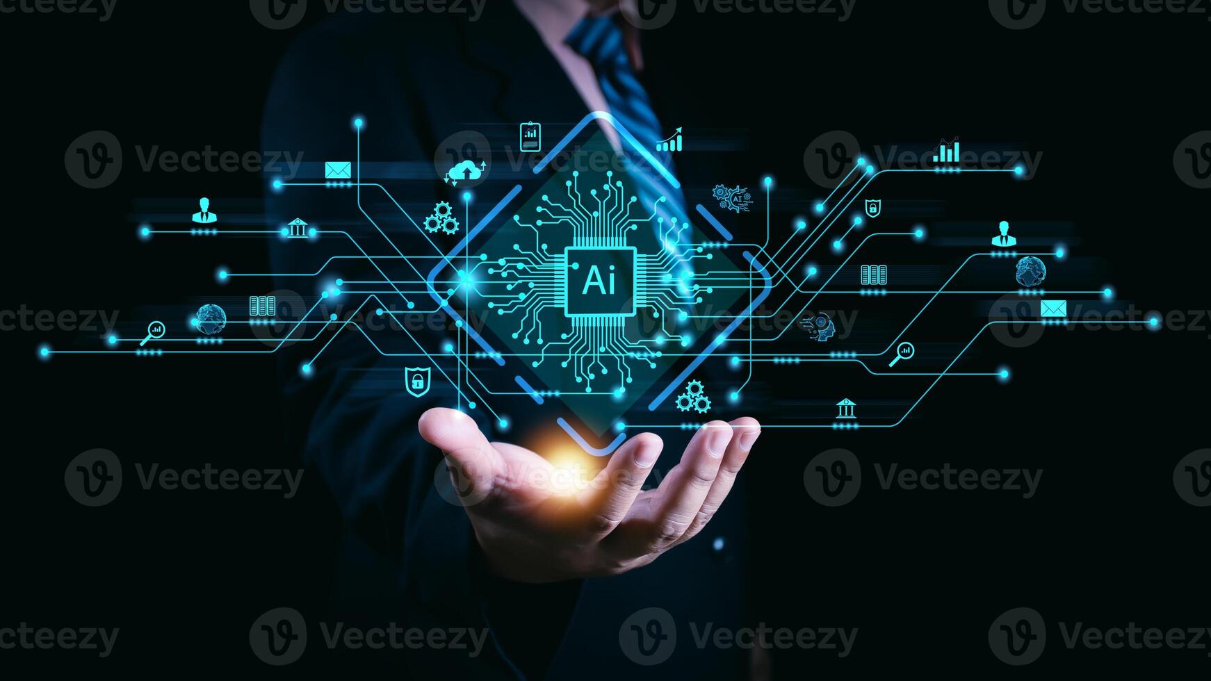 Ai technology, Artificial Intelligence. man using technology smart robot AI, artificial intelligence by enter command prompt for generates something, Futuristic technology transformation. Chat with Ai photo