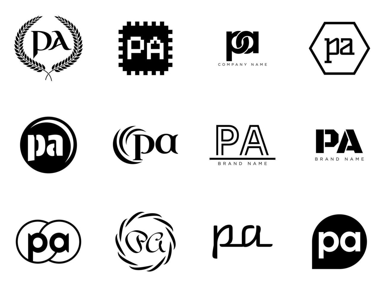 PA logo company template. Letter p and a logotype. Set different classic serif lettering and modern bold text with design elements. Initial font typography. vector