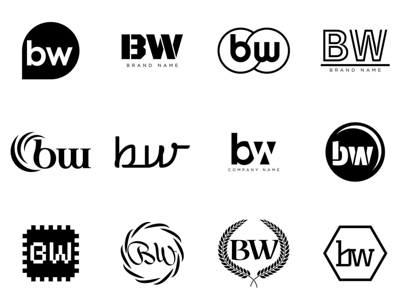 BW logo company template. Letter b and w logotype. Set different classic serif lettering and modern bold text with design elements. Initial font typography. vector