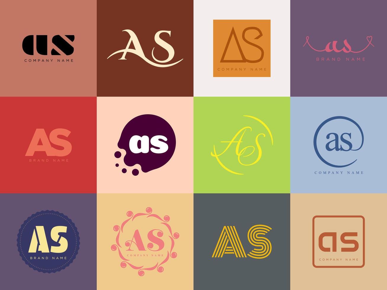 AS logo company template. Letter a and s logotype. Set different classic serif lettering and modern bold text with design elements. Initial font typography. vector