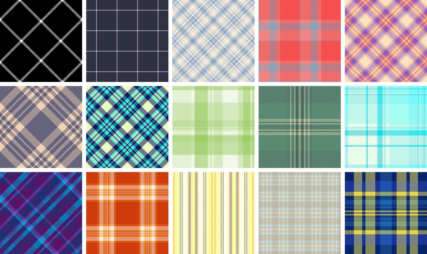 Plaid fabric designs featuring colorful checks and stripes, ideal for textile, wallpaper, or trendy fashion prints. vector