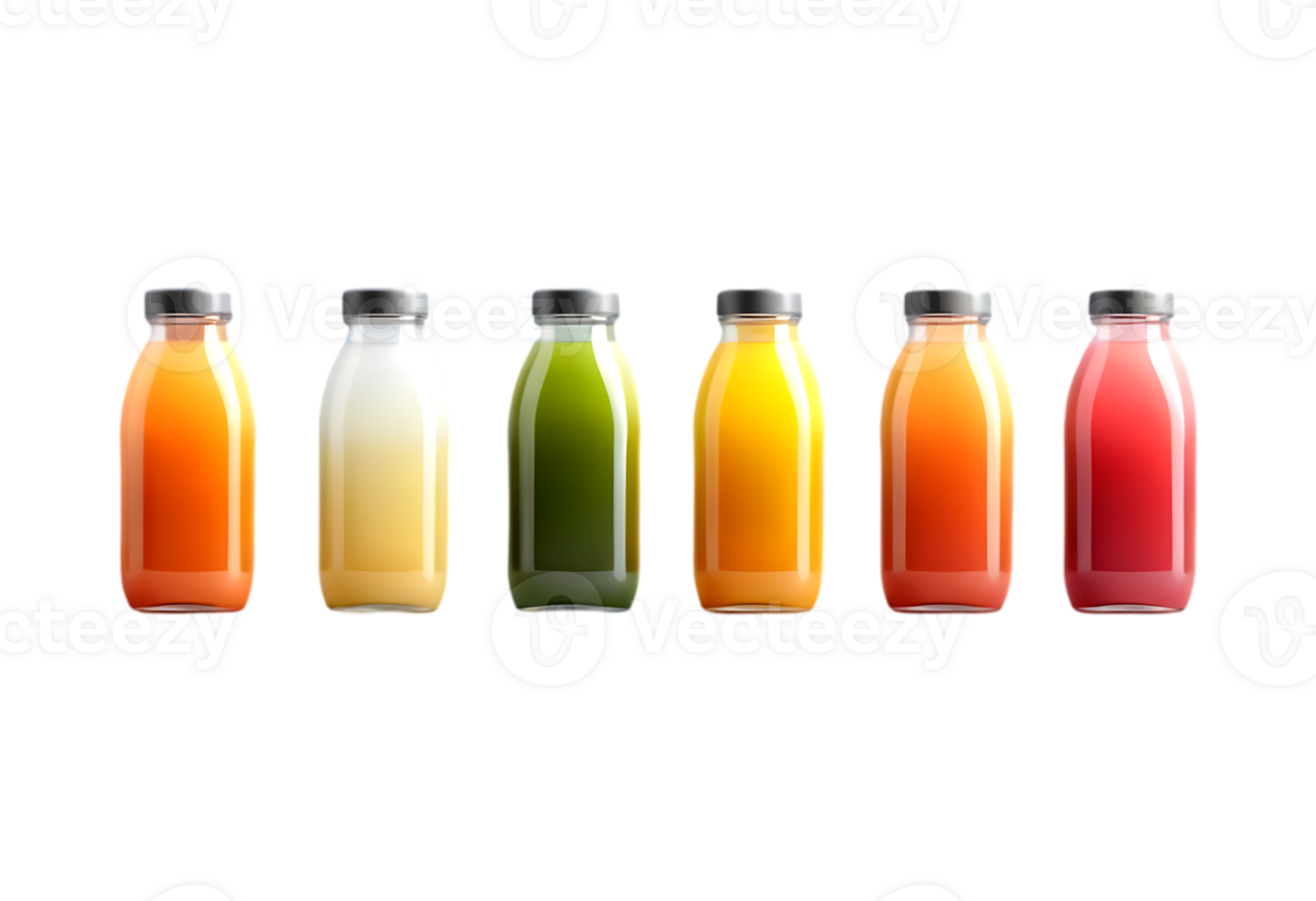 Six bottles of juice are lined up in a row png