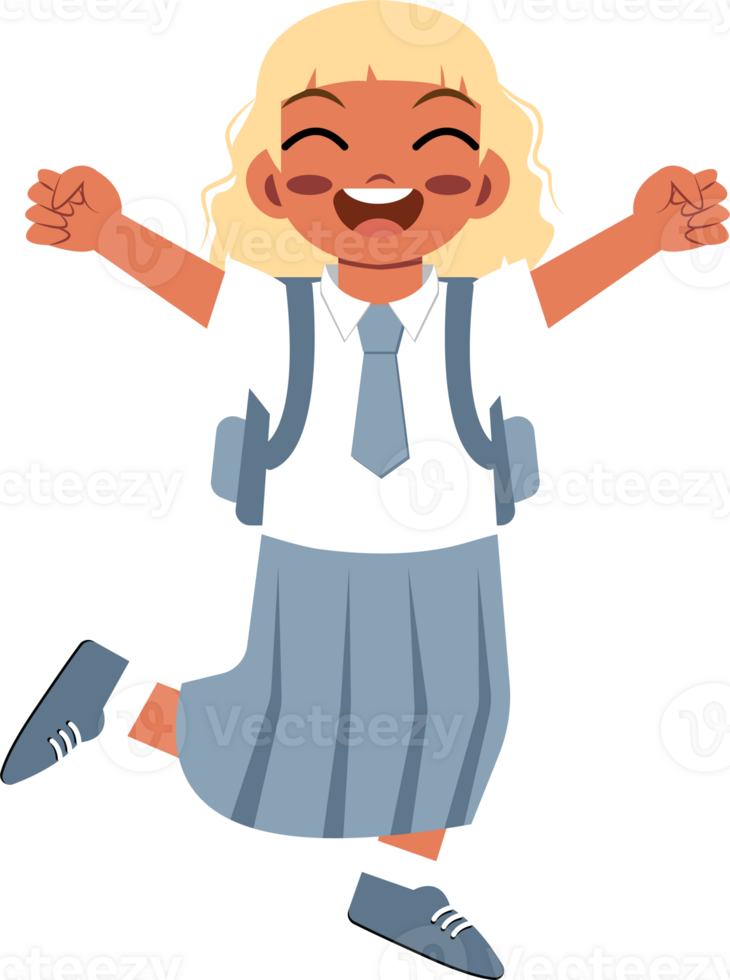 Cheerful girl in school uniform jumping with joy png