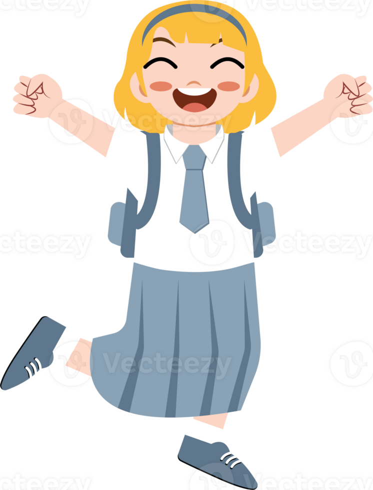 Cheerful girl in school uniform jumping with joy png