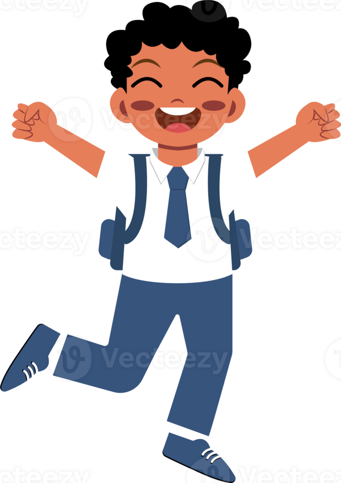 Cheerful boy in school uniform jumping with joy png