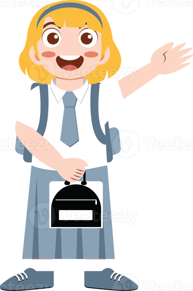 Happy girl waving with school backpack and lunch bag png