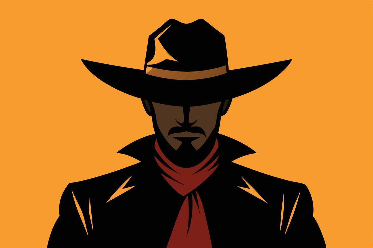 Intriguing Black Cowboy Silhouette Against a Vibrant Orange Background vector