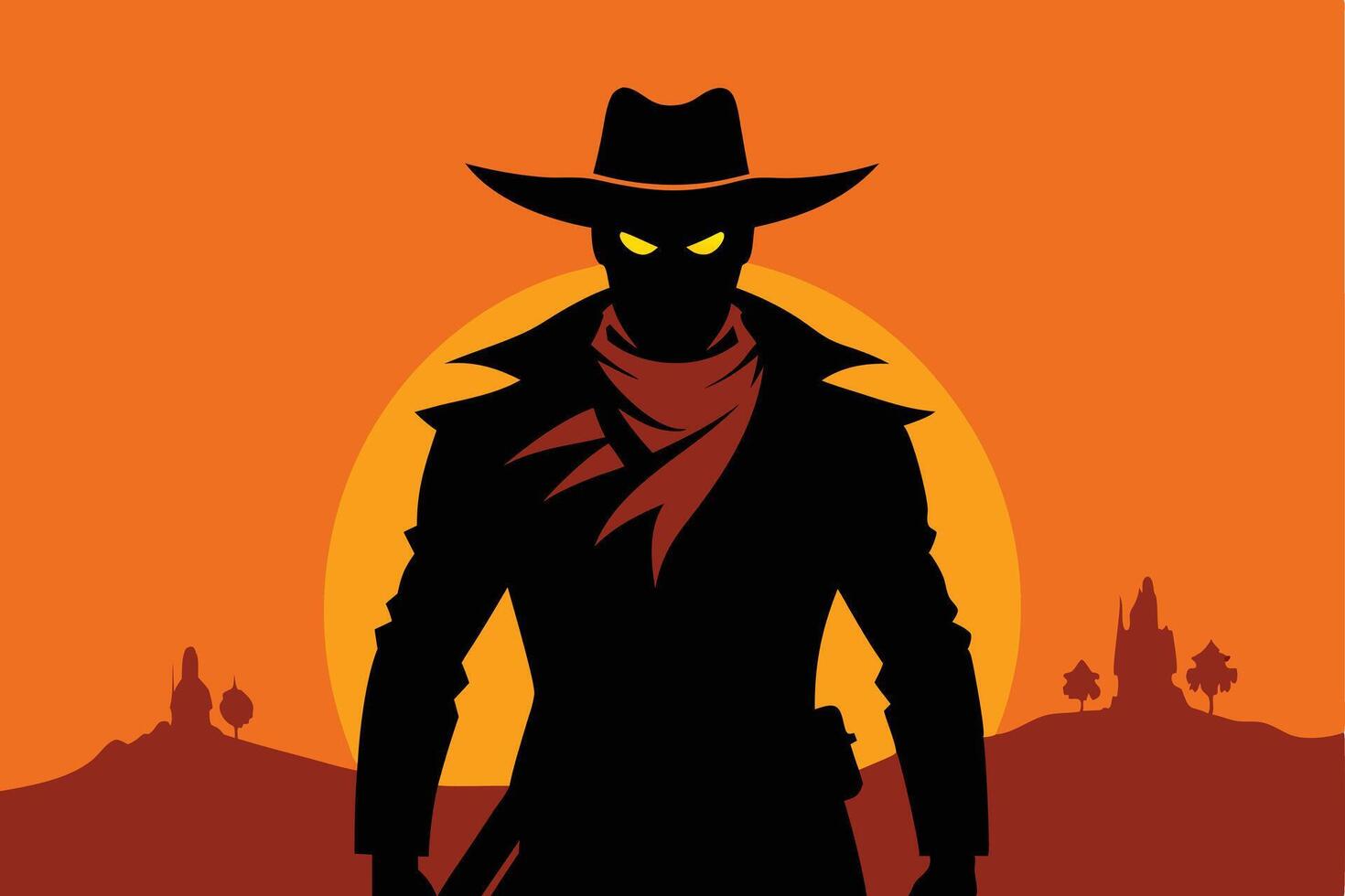 Mysterious Cowboy Silhouette at Sunset in the Wild West vector