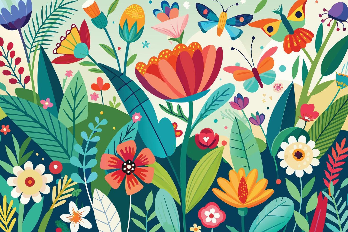 Vibrant Floral and Butterfly Garden Scene vector