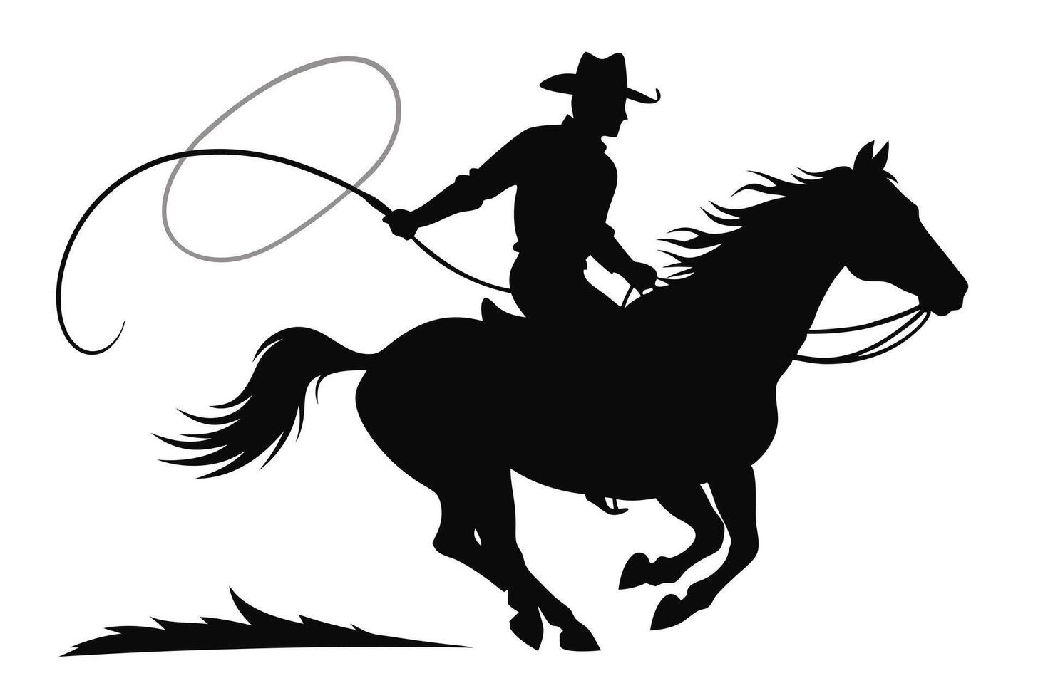 Silhouette of a cowboy roping a horse in motion vector