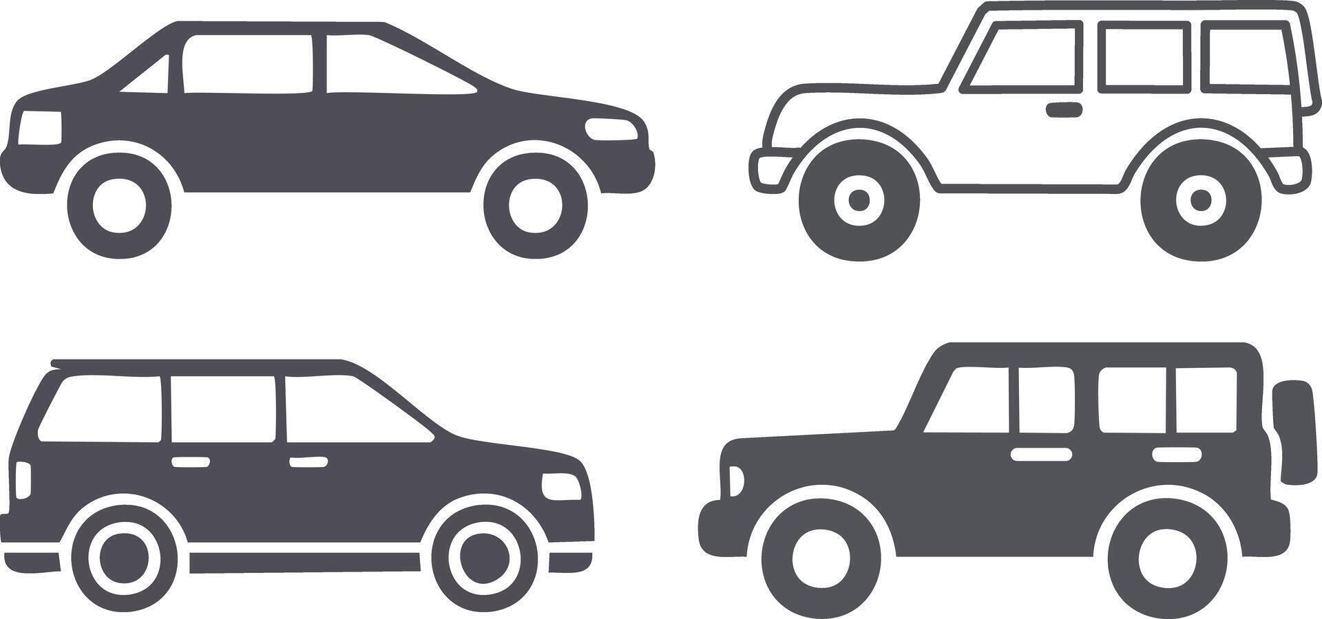 Simple silhouettes of various cars and SUVs vector