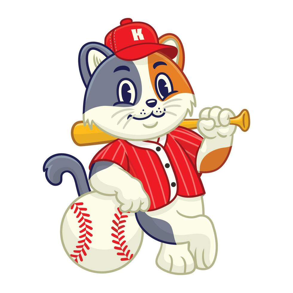Happy Calico Cat Baseball Player Mascot vector