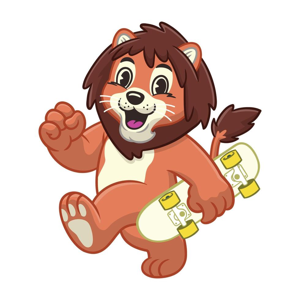 Happy Lion Holding Skateboard Mascot Design vector