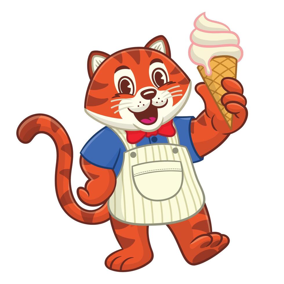 Joyful Tiger Serving Ice Cream Cartoon Character vector