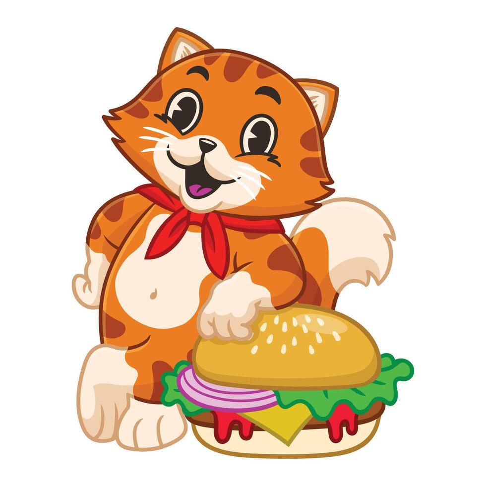 Joyful Cat Chef Mascot leaning on Big Burger vector