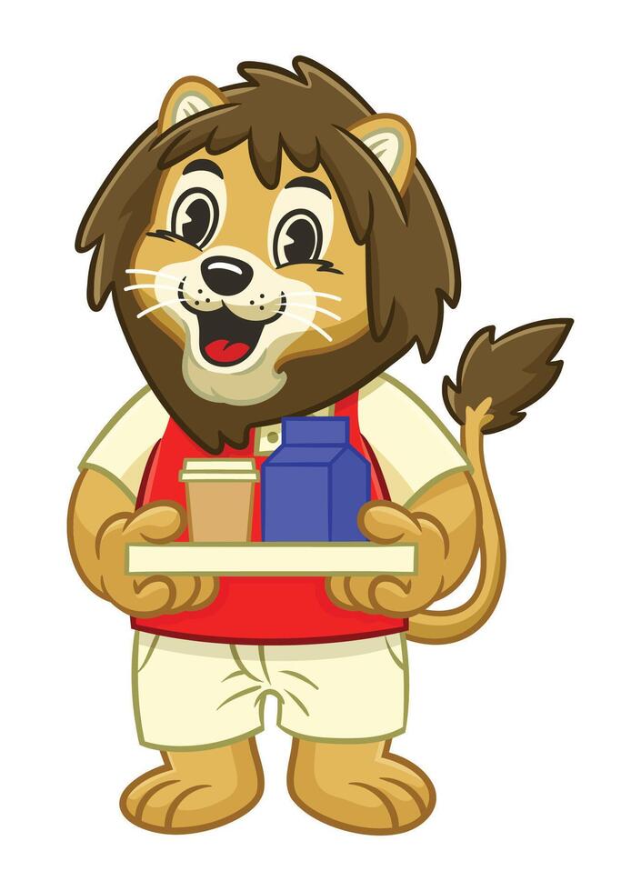 Joyful Lion Delivery Food Mascot Illustration vector