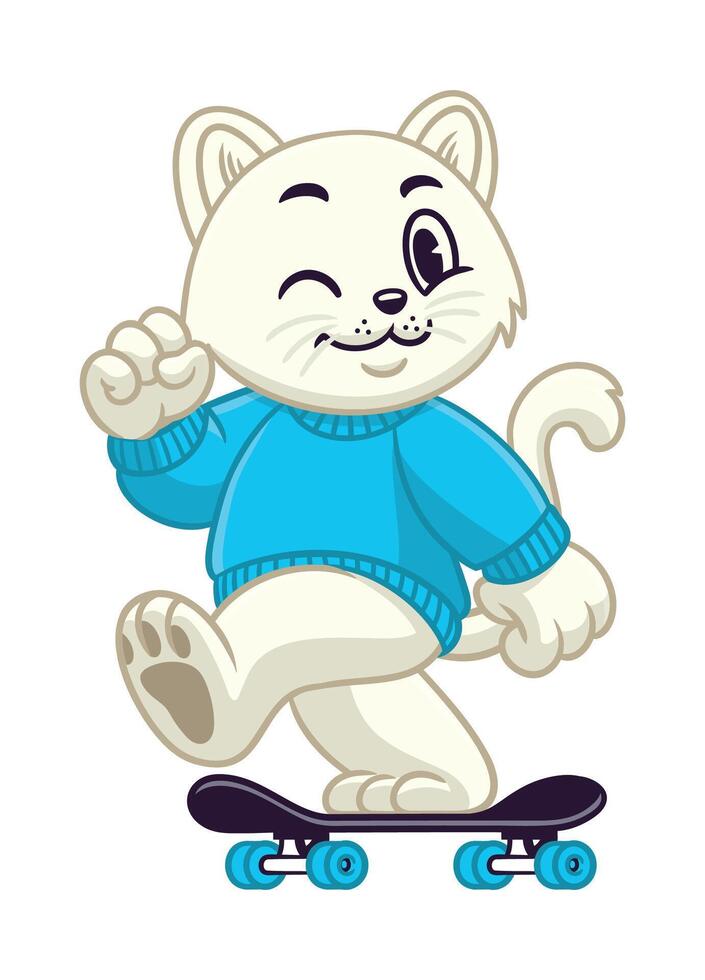 Cute White Cat Skating Mascot Character vector