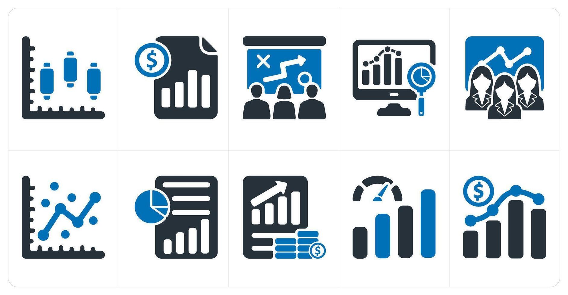A set of 10 business icons as stock market, cost management, presenting tactics vector