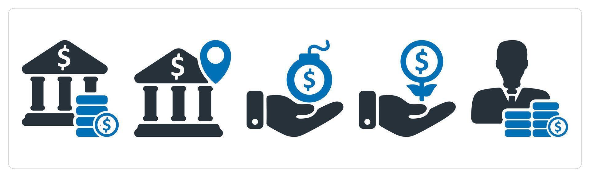 A set of 5 business icons as bank savings, bank location, debt vector