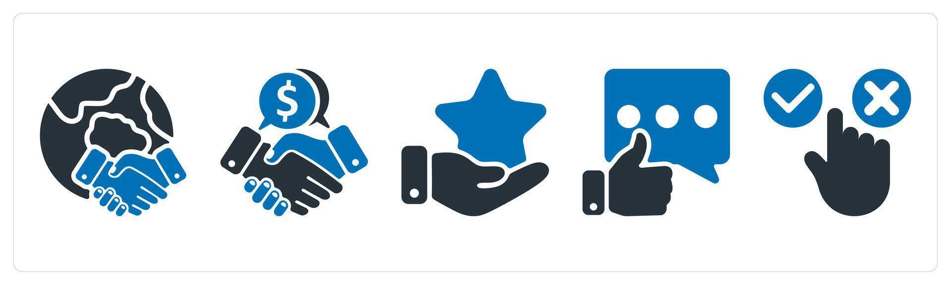 A set of 5 business icons as global business deal, business deal, star feedback vector