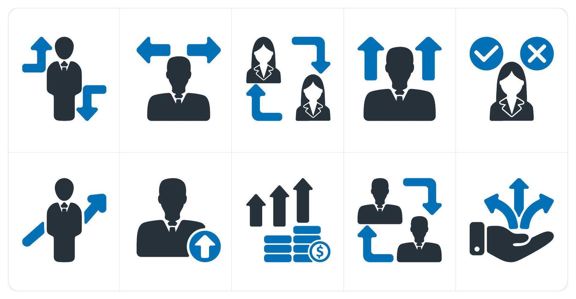 A set of 10 business icons as crisis overcome, confusion, employee change vector