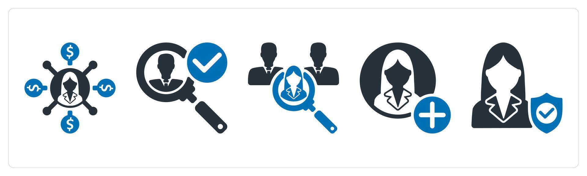 A set of 5 business icons as affiliate marketing, find candidate, recruitment vector