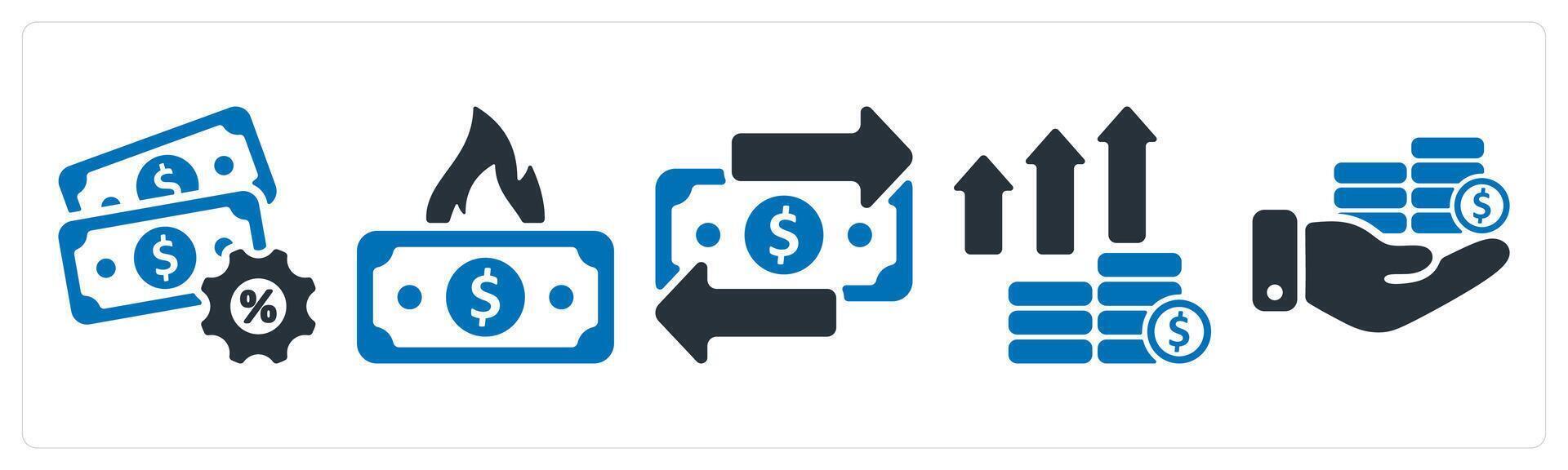 A set of 5 business icons as tax service, money burning, transaction vector