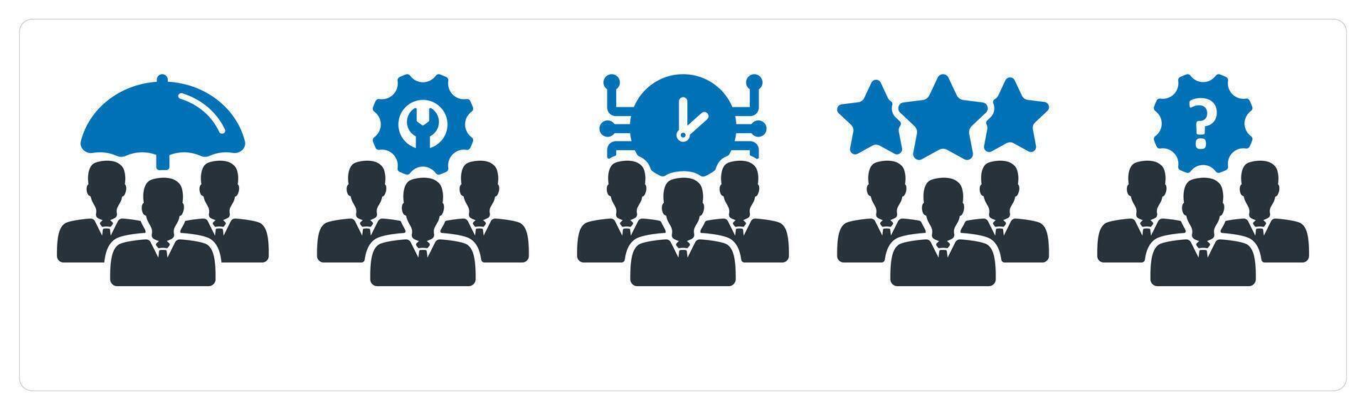 A set of 5 business icons as employee insurance, technical team, time management vector