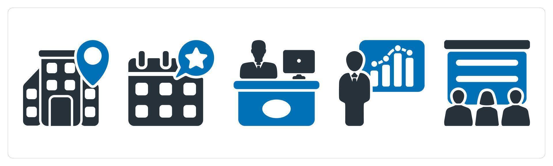 A set of 5 business icons as office location, event schedule, reception vector