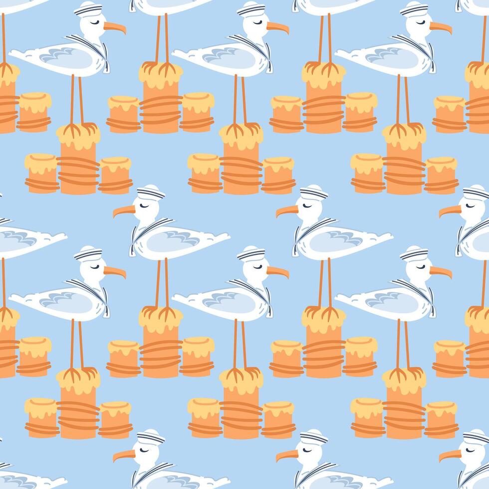A charming seamless pattern featuring a cute seagull wearing a white sailor cap and collar. This delightful children s character embodies adventure and travel, perfect for wallpaper, textiles vector