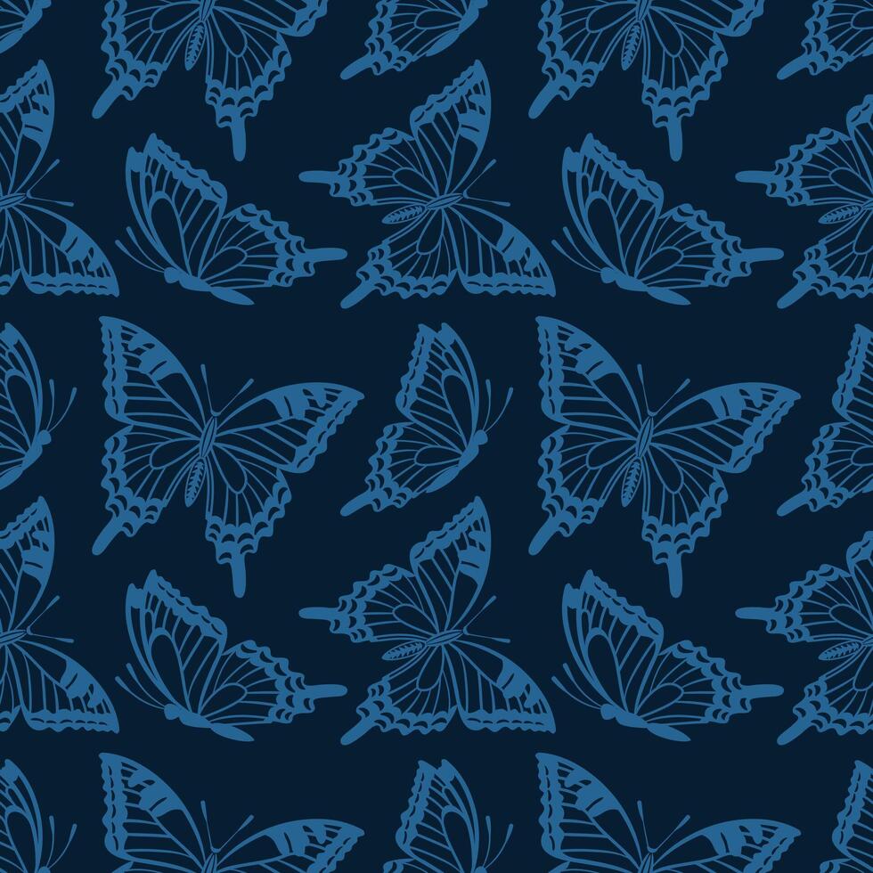 A seamless monochrome pattern featuring elegant flying swallowtail butterflies, dark background. This striking design captures the grace and beauty of these magnificent creatures, illustration vector